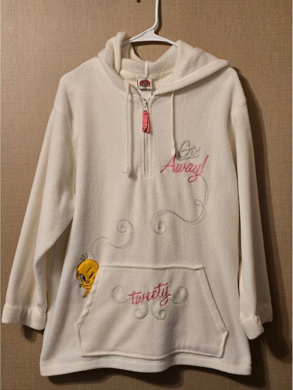 Vintage Looney Tunes Tweety Bird Fleece Hoodie Quarter Zip Cream Womens Plus